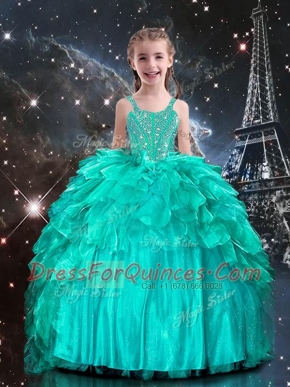 Sleeveless Organza Floor Length Lace Up Toddler Flower Girl Dress in Aqua Blue with Beading and Ruffles