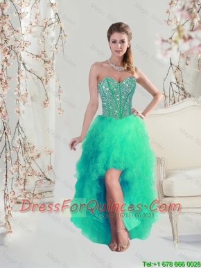 Comfortable High Low Beaded and Ruffles Apple Green Prom Dresses for 2016