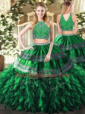 Hot Selling Tulle High-neck Sleeveless Zipper Beading and Ruffles Sweet 16 Dresses in Dark Green
