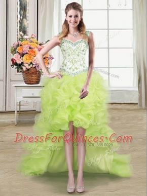 Straps High Low Lace Up Prom Evening Gown Yellow Green for Prom and Party with Beading and Ruffles