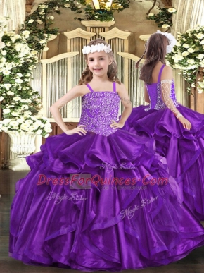 Fashionable Purple Ball Gowns Organza Straps Sleeveless Beading and Ruffles Floor Length Lace Up Custom Made Pageant Dress