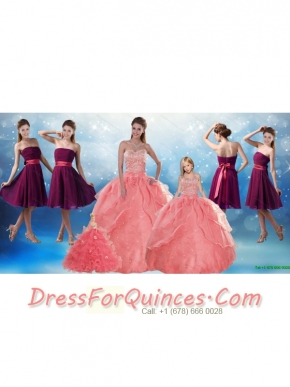 Watermelon Sweetheart Beading Quinceanera Gown and Elegant Strapless Prom Dresses and 2015 Halter Top Beading Little Girl Dress