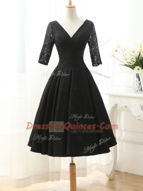 Modest Black Prom Gown Prom and Party with Lace and Appliques V-neck Half Sleeves Lace Up