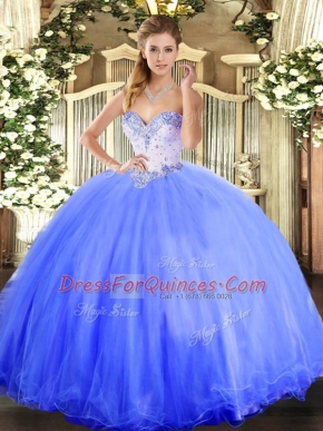 Cute Blue Lace Up 15th Birthday Dress Beading Sleeveless Floor Length