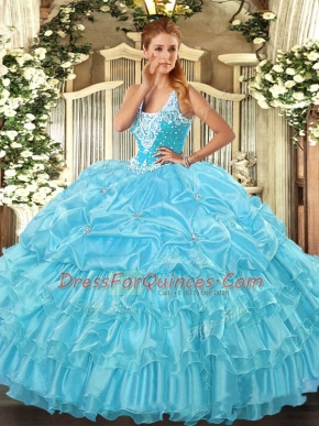 Designer Organza Straps Sleeveless Lace Up Beading and Ruffled Layers and Pick Ups Quinceanera Gown in Aqua Blue