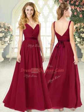Stylish Ruching Party Dress Wholesale Wine Red Backless Sleeveless Floor Length