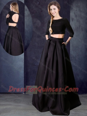 Two Piece Bateau Beaded Black Prom Dress with Three Fourths Length Sleeves