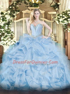 Sweetheart Sleeveless Sweet 16 Dress Floor Length Beading and Ruffles Blue Organza