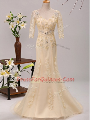 Brush Train Empire Prom Dresses Champagne V-neck Tulle 3 4 Length Sleeve Lace Up