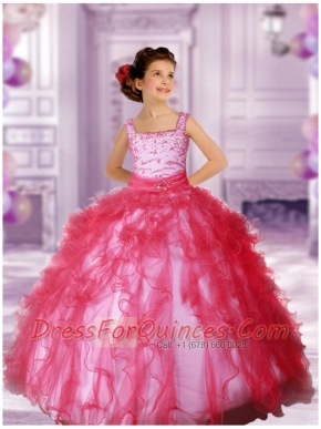 2014 Beautiful Coral Red Straps Beading Ruffles Little Girl Pageant Dresses