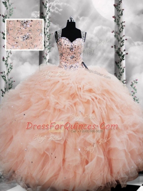 Dynamic Floor Length Ball Gowns Sleeveless Peach Ball Gown Prom Dress Lace Up