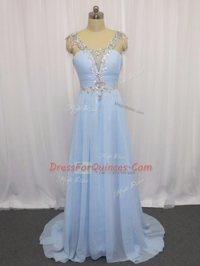 High Quality Chiffon Sleeveless Prom Evening Gown Brush Train and Beading and Ruching
