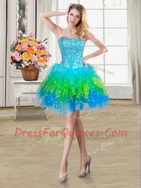 Multi-color Tulle Lace Up Sweetheart Sleeveless Mini Length Evening Dress Beading and Ruffles