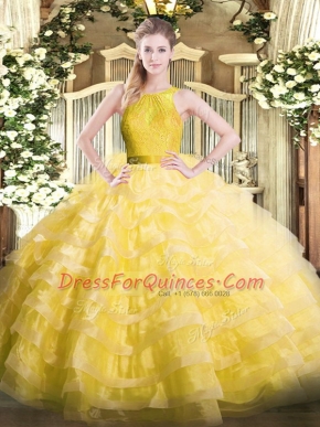 Captivating Floor Length Yellow 15th Birthday Dress Scoop Sleeveless Zipper