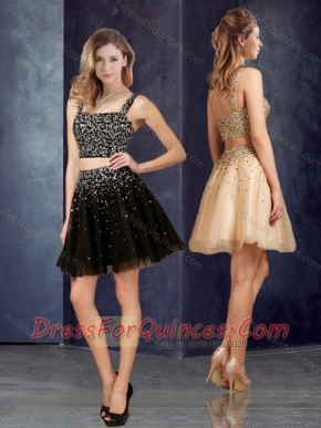 Classical Two Piece Straps Beaded Bodice Square Prom Dress in Tulle