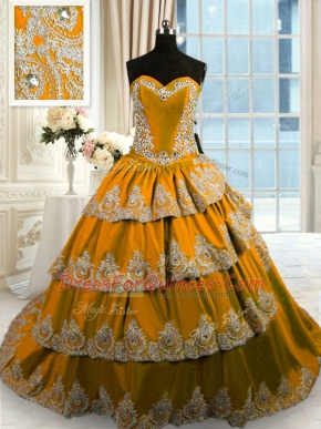 Custom Fit Ruffled Sweetheart Sleeveless Court Train Lace Up Quince Ball Gowns Brown Taffeta