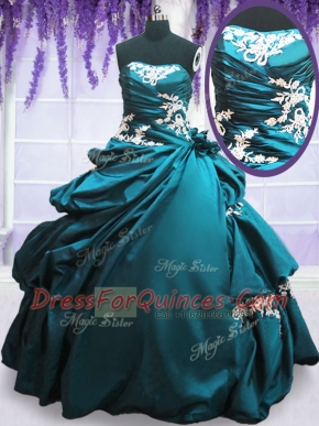 Flirting Teal Lace Up 15 Quinceanera Dress Appliques and Pick Ups Sleeveless Floor Length