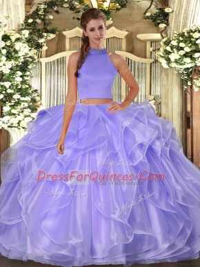 Lavender Two Pieces Organza Halter Top Sleeveless Beading and Ruffles Floor Length Side Zipper Quinceanera Gown