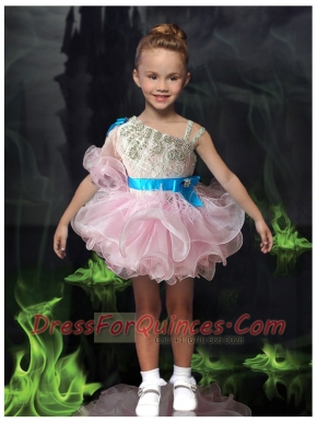 Asymmetrical Baby Pink Mini-length Little Girl Dress with Sashes and Ruffles