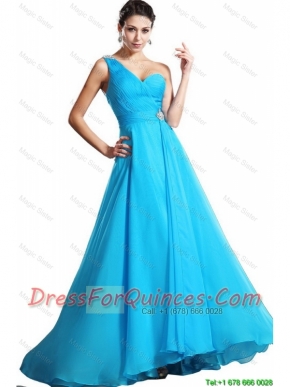 Elegant One Shoulder Aqua Blue Prom Dresses with Brush Train