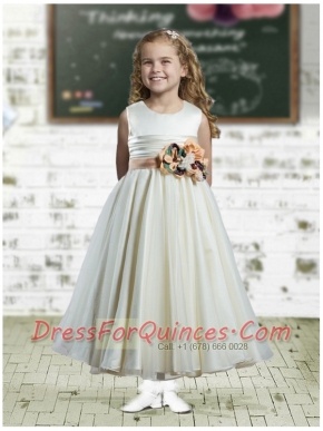 A-Line Scoop Ruffles and Hand Made Flowers 2014 Flower Girl Dress in White