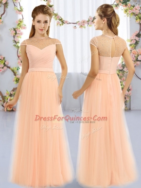 Fashionable Cap Sleeves Tulle Floor Length Zipper Damas Dress in Peach with Beading