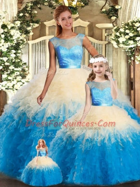 Great Multi-color Backless Quinceanera Gowns Lace and Ruffles Sleeveless Floor Length