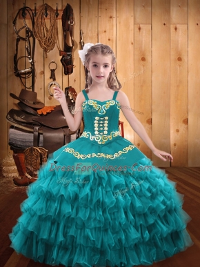 Floor Length Lace Up Kids Pageant Dress Teal for Party and Sweet 16 and Quinceanera and Wedding Party with Embroidery and Ruffled Layers