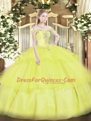 Organza Off The Shoulder Sleeveless Lace Up Beading and Ruffled Layers Ball Gown Prom Dress in Yellow