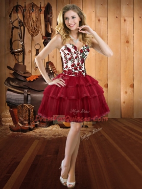 Wine Red Lace Up Sweetheart Embroidery and Ruffled Layers Prom Gown Organza Sleeveless