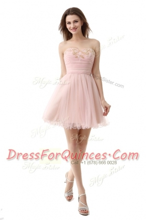 Pink Sleeveless Mini Length Beading and Ruching Zipper Dress for Prom