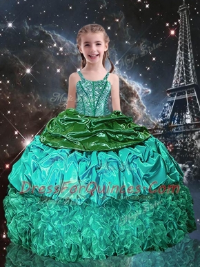 Gorgeous Green Lace Up Little Girls Pageant Dress Beading and Ruffles Sleeveless Floor Length