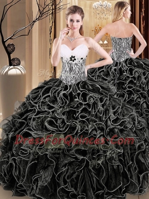 Sexy Black Sweetheart Neckline Ruffles and Pattern Quinceanera Dress Sleeveless Lace Up