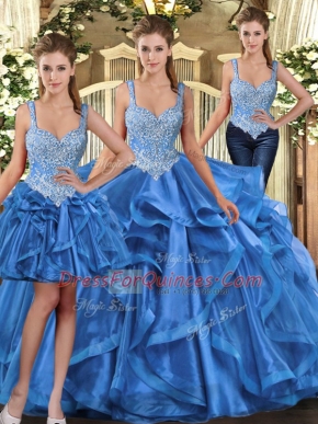 Modern Floor Length Blue 15th Birthday Dress Tulle Sleeveless Beading and Ruffles