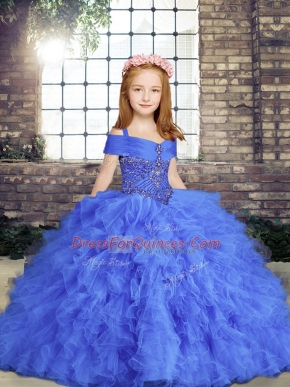 Blue Tulle Lace Up Girls Pageant Dresses Sleeveless Floor Length Beading and Ruffles