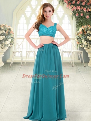 Modern Teal Prom Evening Gown Prom and Party with Beading and Lace Straps Sleeveless Zipper
