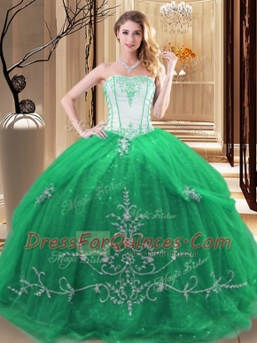 Customized Floor Length Green Sweet 16 Dress Strapless Sleeveless Lace Up