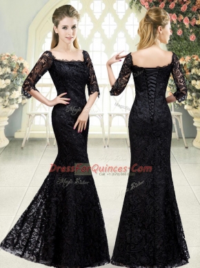 Fashion Black Sweetheart Neckline Beading and Lace Prom Dress Half Sleeves Lace Up