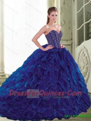 Modest 2015 Sweetheart Beading and Ruffles Navy Blue 15th Birthday Dresses