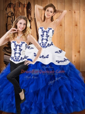 Blue And White Two Pieces Embroidery and Ruffles 15 Quinceanera Dress Lace Up Satin and Organza Sleeveless Floor Length