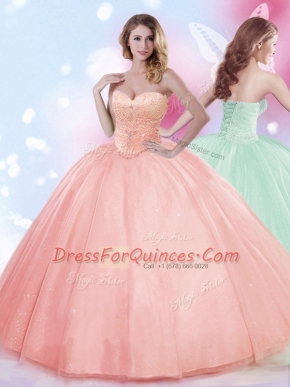 Watermelon Red Ball Gowns Tulle Sweetheart Sleeveless Beading Floor Length Lace Up Quinceanera Dress