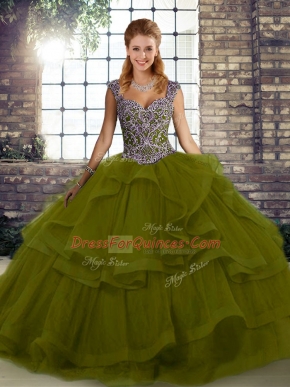 Olive Green Straps Lace Up Beading and Ruffles Ball Gown Prom Dress Sleeveless