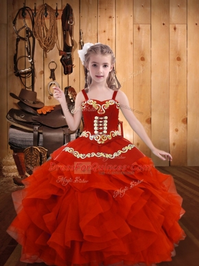 Floor Length Lace Up Little Girls Pageant Dress Coral Red for Party and Sweet 16 and Quinceanera and Wedding Party with Embroidery and Ruffles
