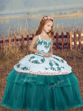 Sleeveless Tulle Floor Length Lace Up Custom Made Pageant Dress in Teal with Embroidery