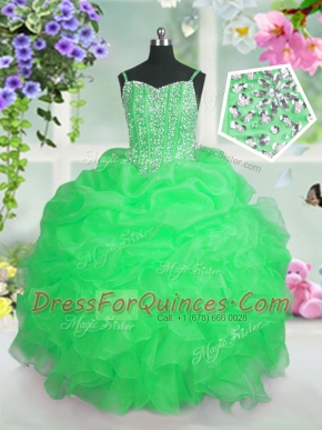 Spaghetti Straps Sleeveless Organza Child Pageant Dress Beading and Ruffles and Pick Ups Lace Up