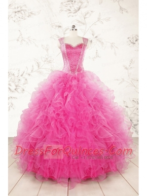 2015 Pretty Straps Hot Pink Quinceanera Dresses with Beading