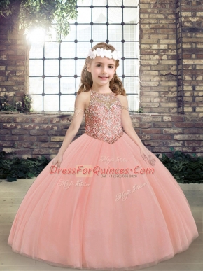 Beading Kids Formal Wear Peach Lace Up Sleeveless Floor Length