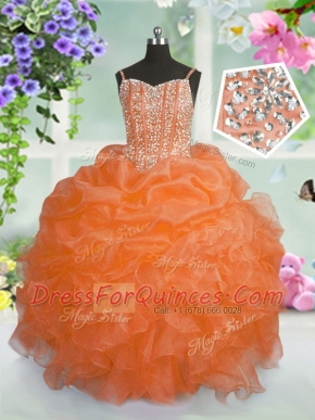 Customized Organza Spaghetti Straps Sleeveless Lace Up Beading and Ruffles and Pick Ups Flower Girl Dresses for Less in Orange