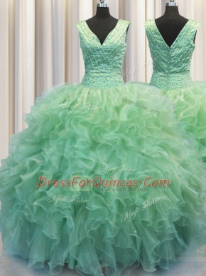 V Neck Zipper Up Floor Length Zipper Quinceanera Dress Green for Military Ball and Sweet 16 and Quinceanera with Beading and Ruffles