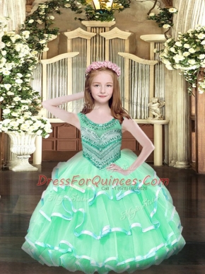 Sleeveless Organza Floor Length Lace Up Kids Formal Wear in Apple Green with Beading and Ruffled Layers